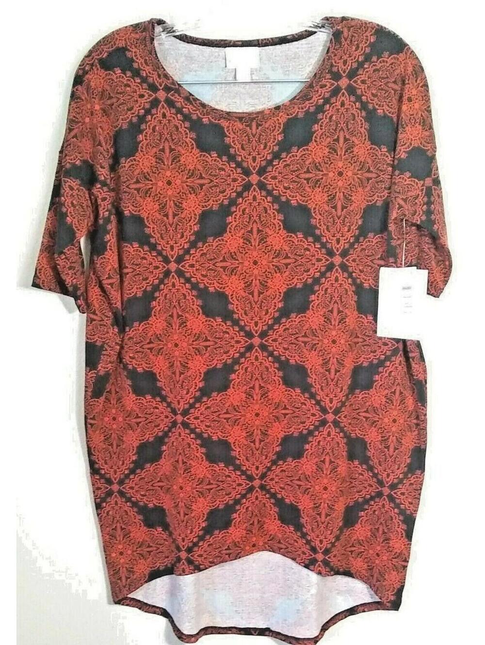 LulaRoe Irma Tunic Red Black Diamond Abstract Print Hi Low Hem Womens Size XXS